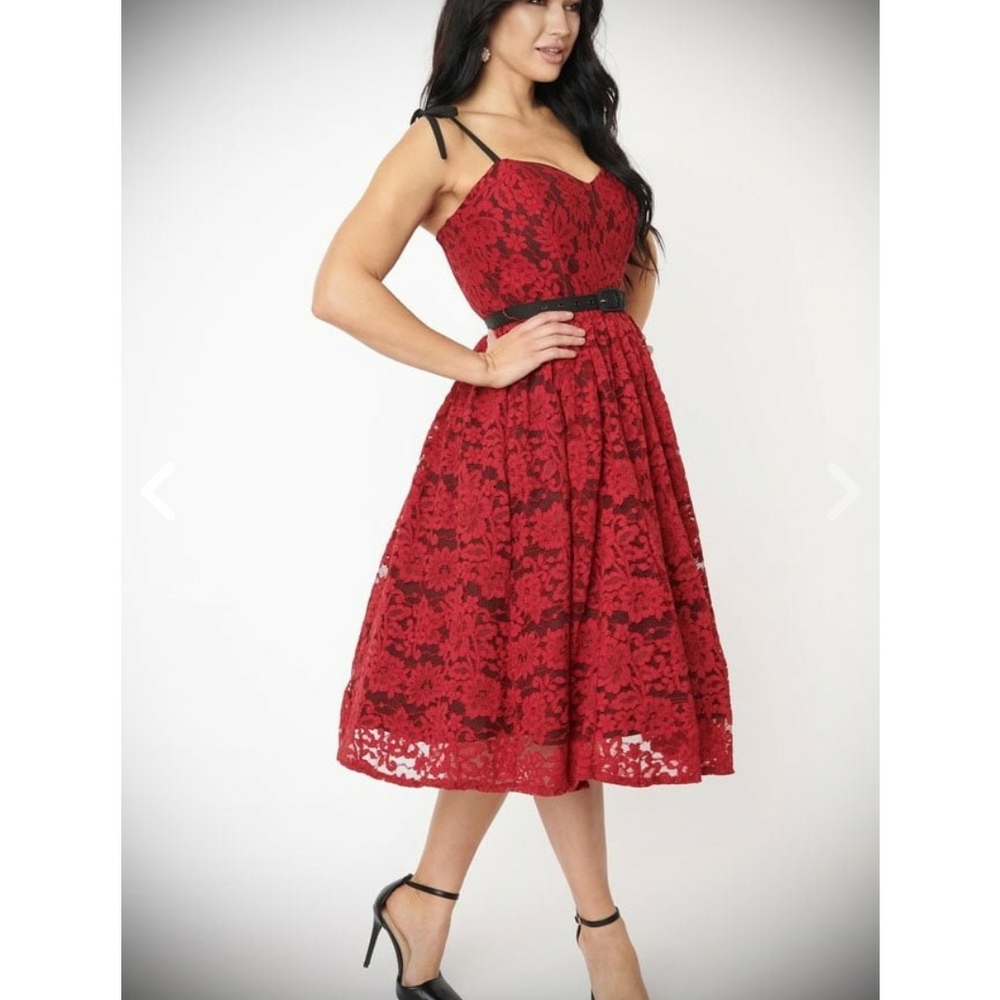 Unique Vintqge Elegant Red Lace Dress
